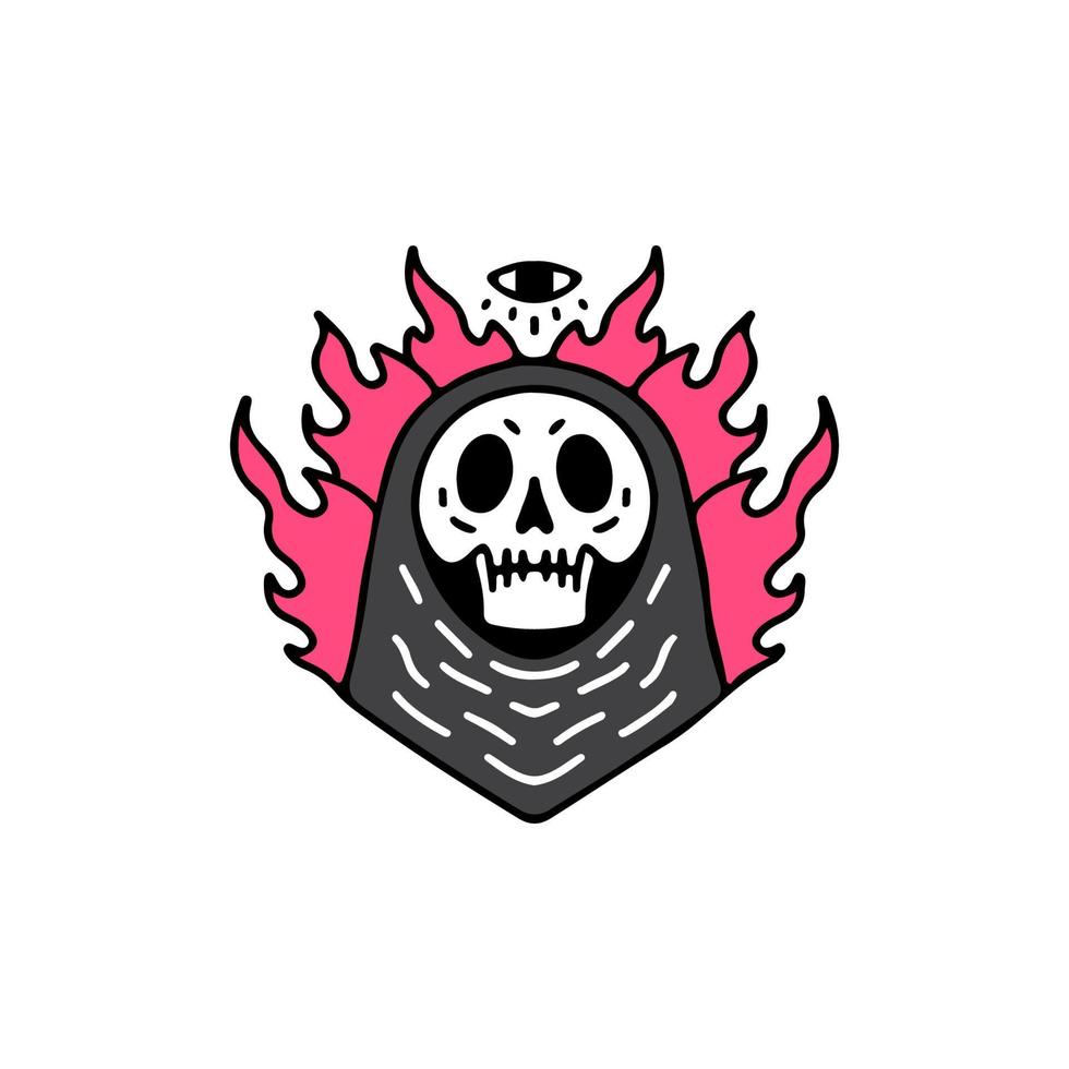 brandende grim reaper schedel, illustratie voor t-shirt, straatkleding, sticker of kleding koopwaar. met retro en cartoonstijl. vector