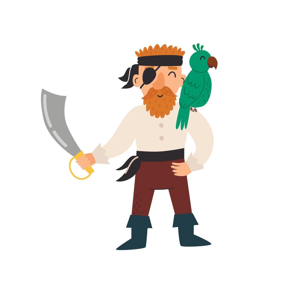 schattige piraat met een zwaard en een papegaai op zijn schouder. vector illustratie