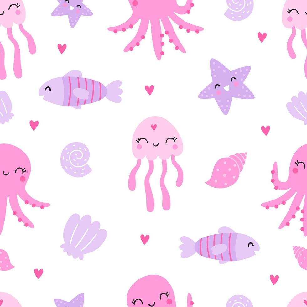 naadloos patroon met kwallen, octopus, vissen, zeester en schelpen. vector illustratie