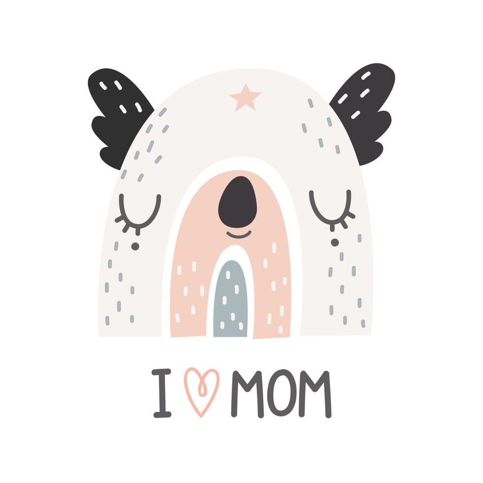 schattige regenboog met koala-gezicht en belettering ik hou van mama. kinderkamer kunst. vector illustratie