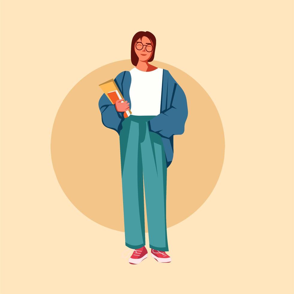 plat ontwerp, mooi vrouwelijk personage gaat naar de universiteit, ontwerp voor posterbehoeften vector