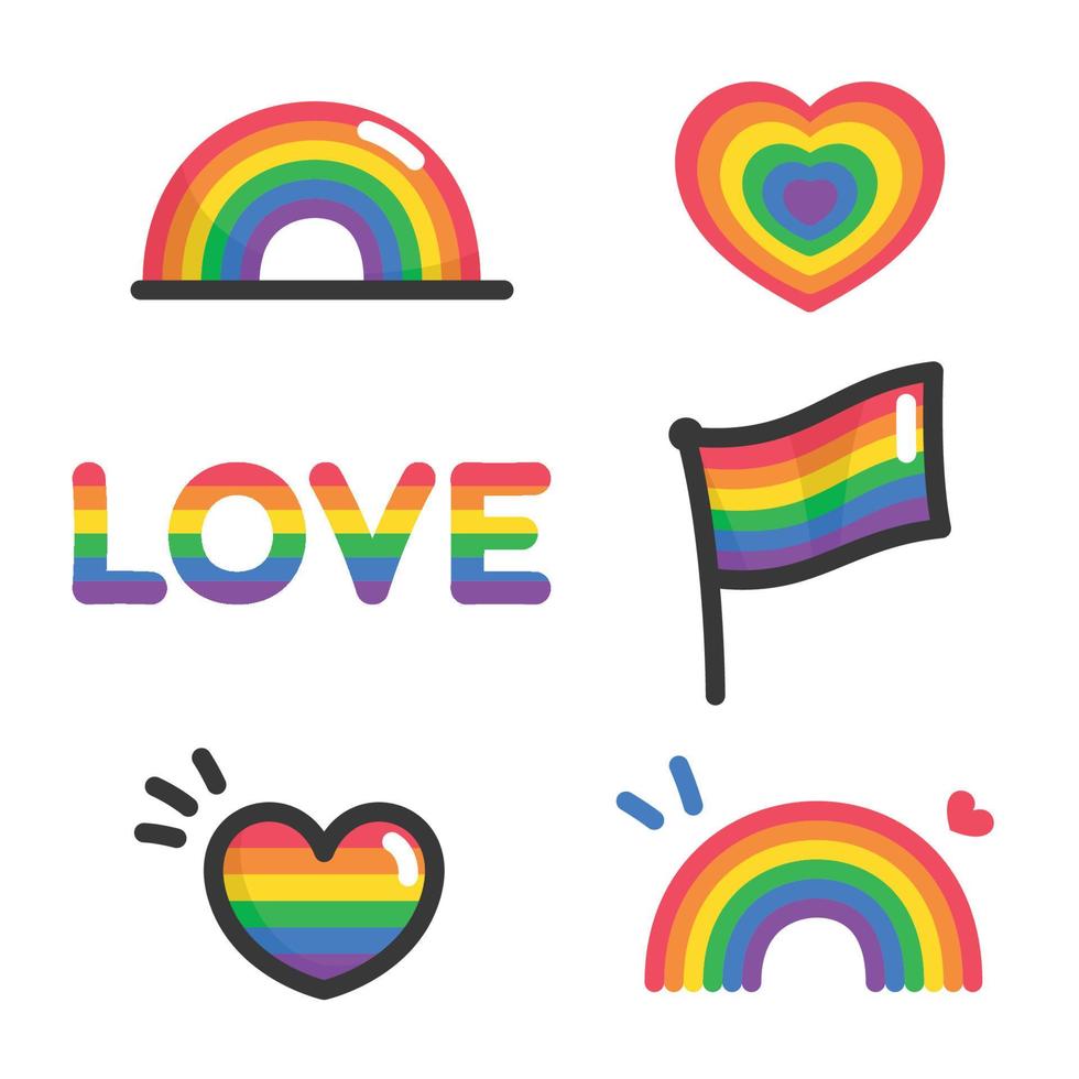 harten vlaggen en regenbogen voor trots maand sticker kawaii doodle cartoon vector