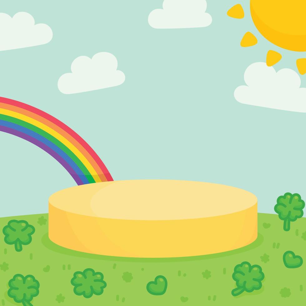 regenboog en klaver in heldere hemel zon leeg podium voor productscène kawaii doodle cartoon vector