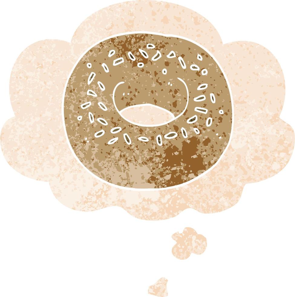 cartoon donut en gedachte bel in retro getextureerde stijl vector