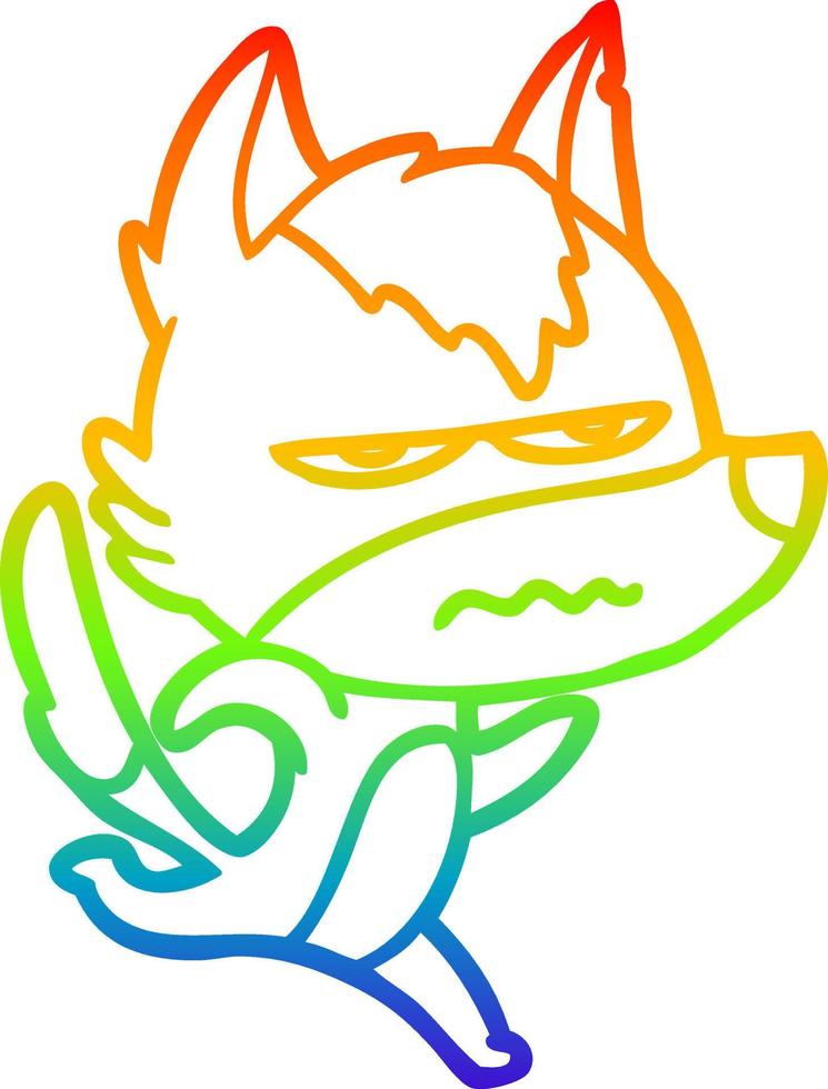 regenbooggradiënt lijntekening cartoon geïrriteerde wolf vector