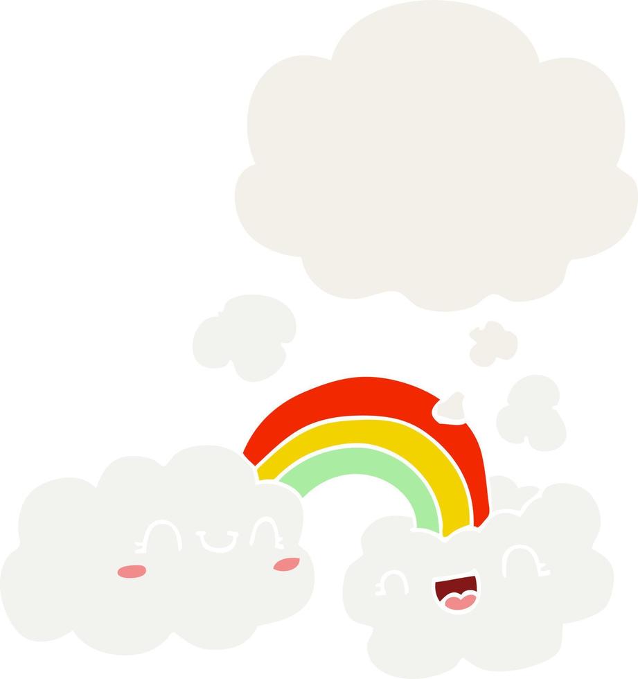 happy cartoon wolken en regenboog en gedachte bel in retro stijl vector