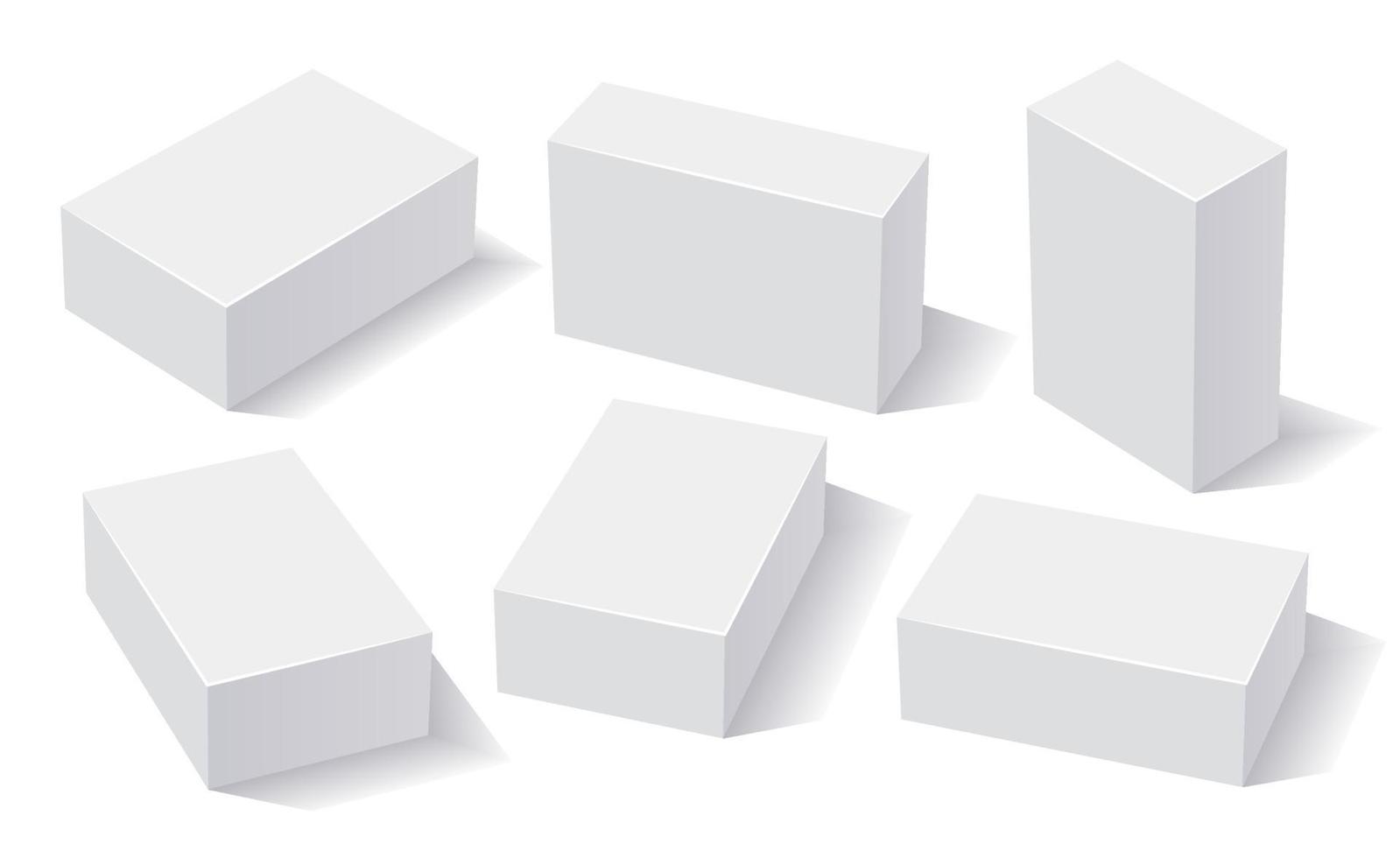 rechthoek witte dozen, 3D-rendering met schaduwen. dozenset voor verpakking en brandingontwerp, mockupdozen in verschillende posities. vector