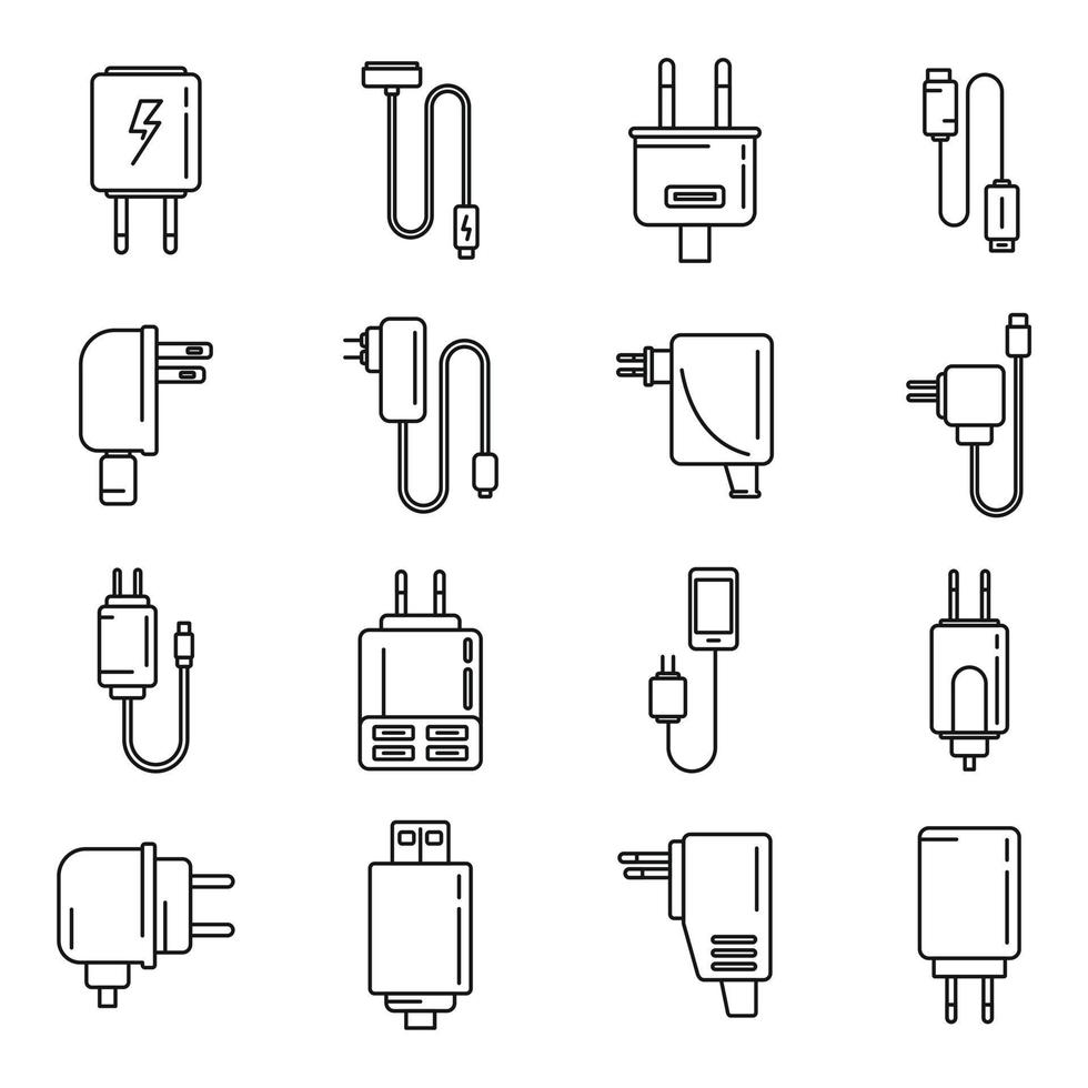 apparaat lader pictogrammen instellen overzicht vector. mobiele usb-kabel vector