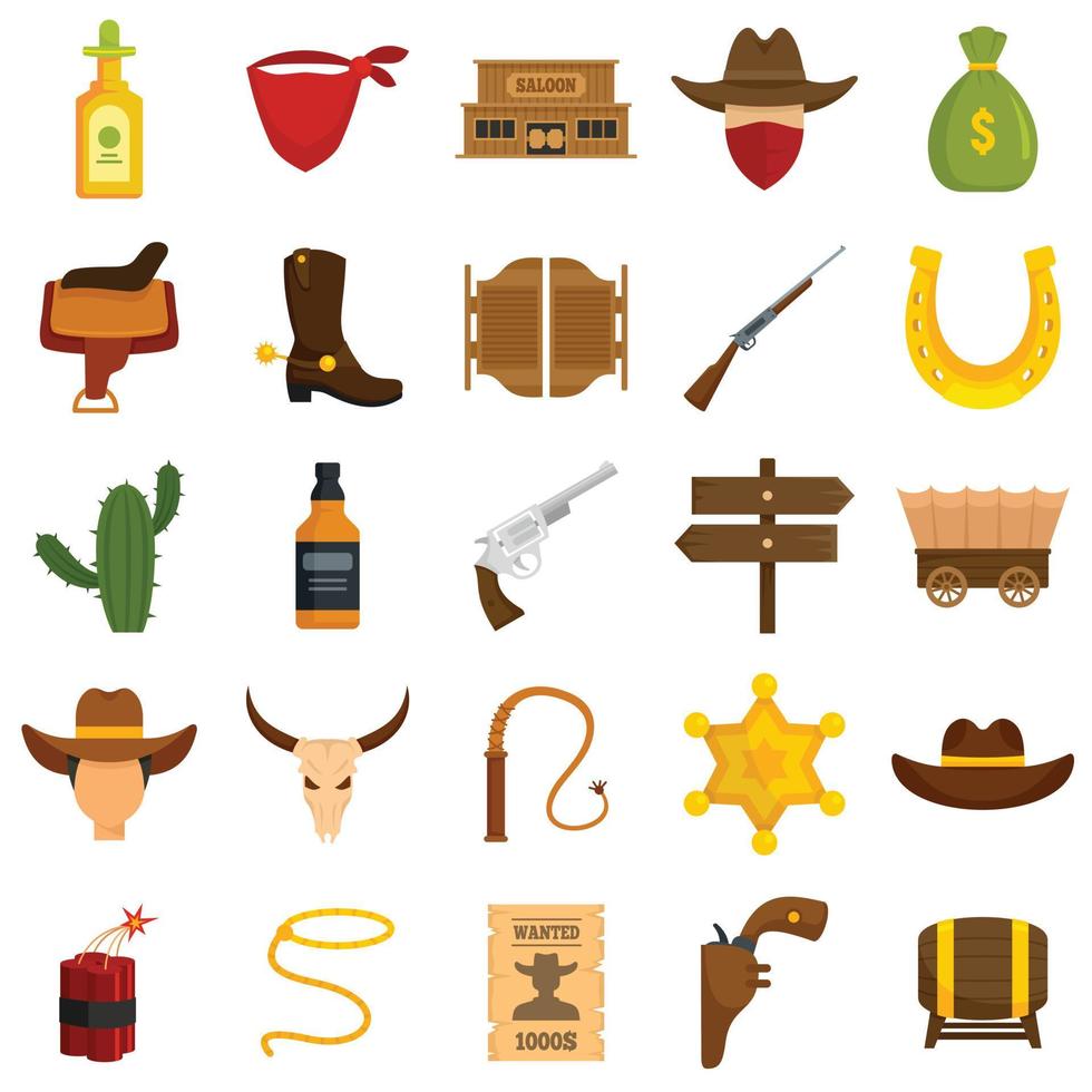 cowboy pictogrammen instellen platte vector geïsoleerd