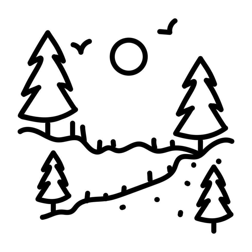 een doodle-pictogram dat het landschap van bomen aanduidt vector