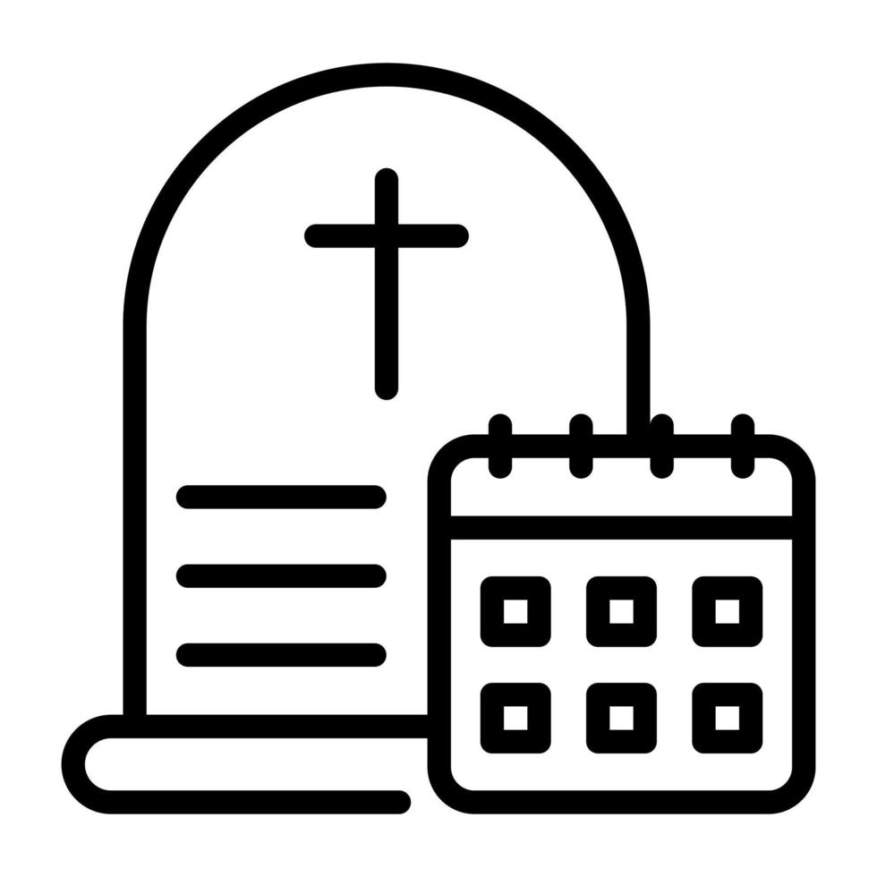 kerkhof en kalender, lijn icoon van rouwverlof vector