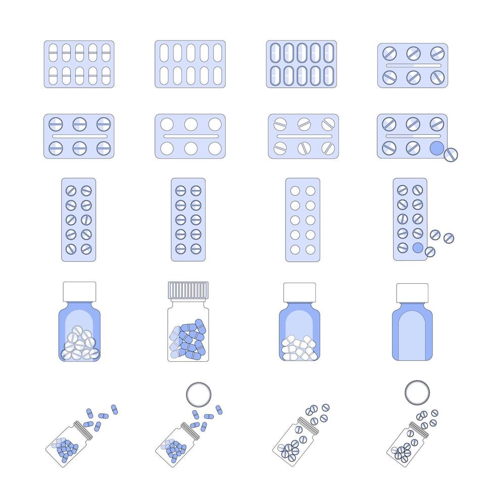 set van pillen fles platte vectorillustratie. premium vector