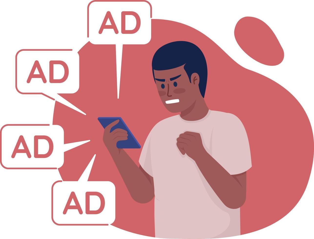 man boos op overbodige online advertenties 2d vector geïsoleerde illustratie