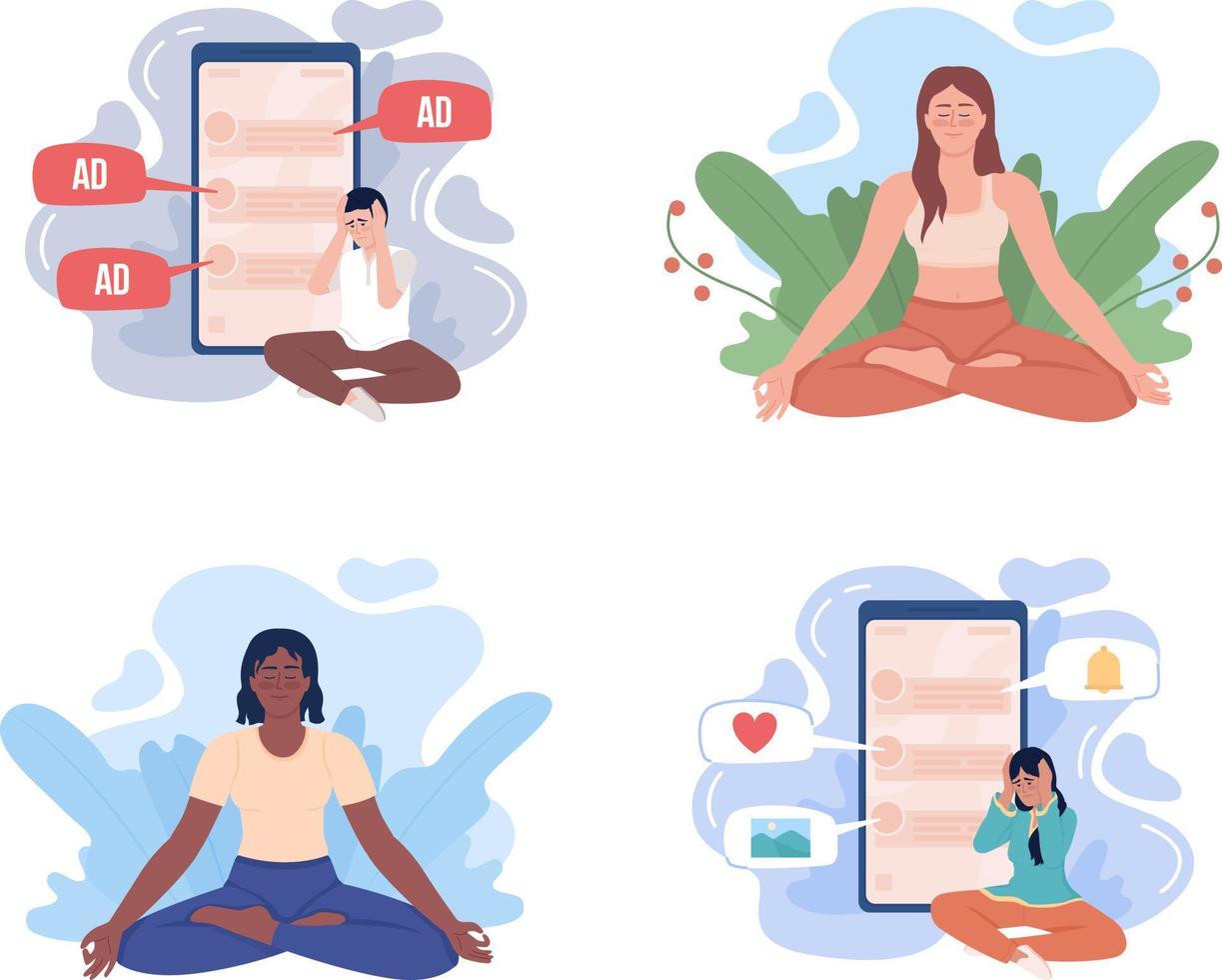 mindfulness en internetverslaving 2d vector geïsoleerde illustraties set