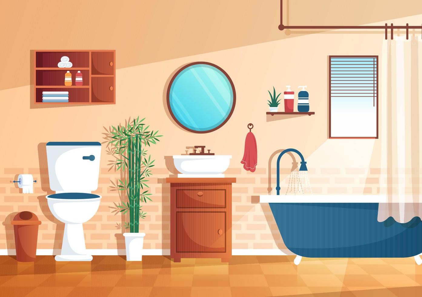 moderne badkamermeubels interieur achtergrond illustratie met badkuip, kraan toilet wastafel om te douchen en op te ruimen in egale kleurstijl vector