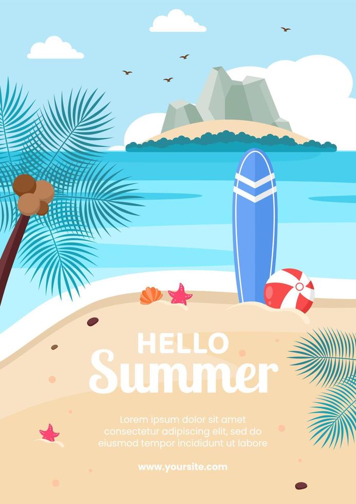 hallo zomer sociale media flyer sjabloon platte cartoon achtergrond vectorillustratie vector