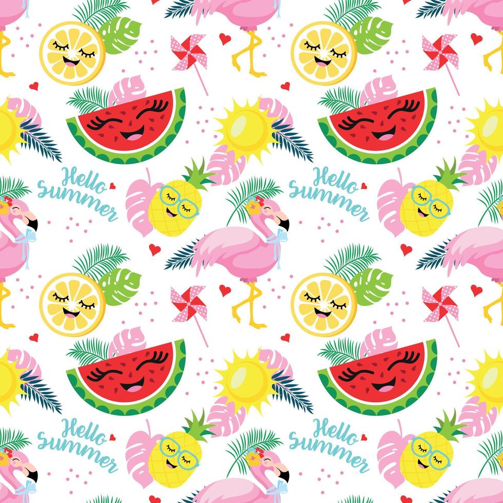 zomerpatroon met flamingo's, watermeloen, citroen, ananas en tropische bladeren vector