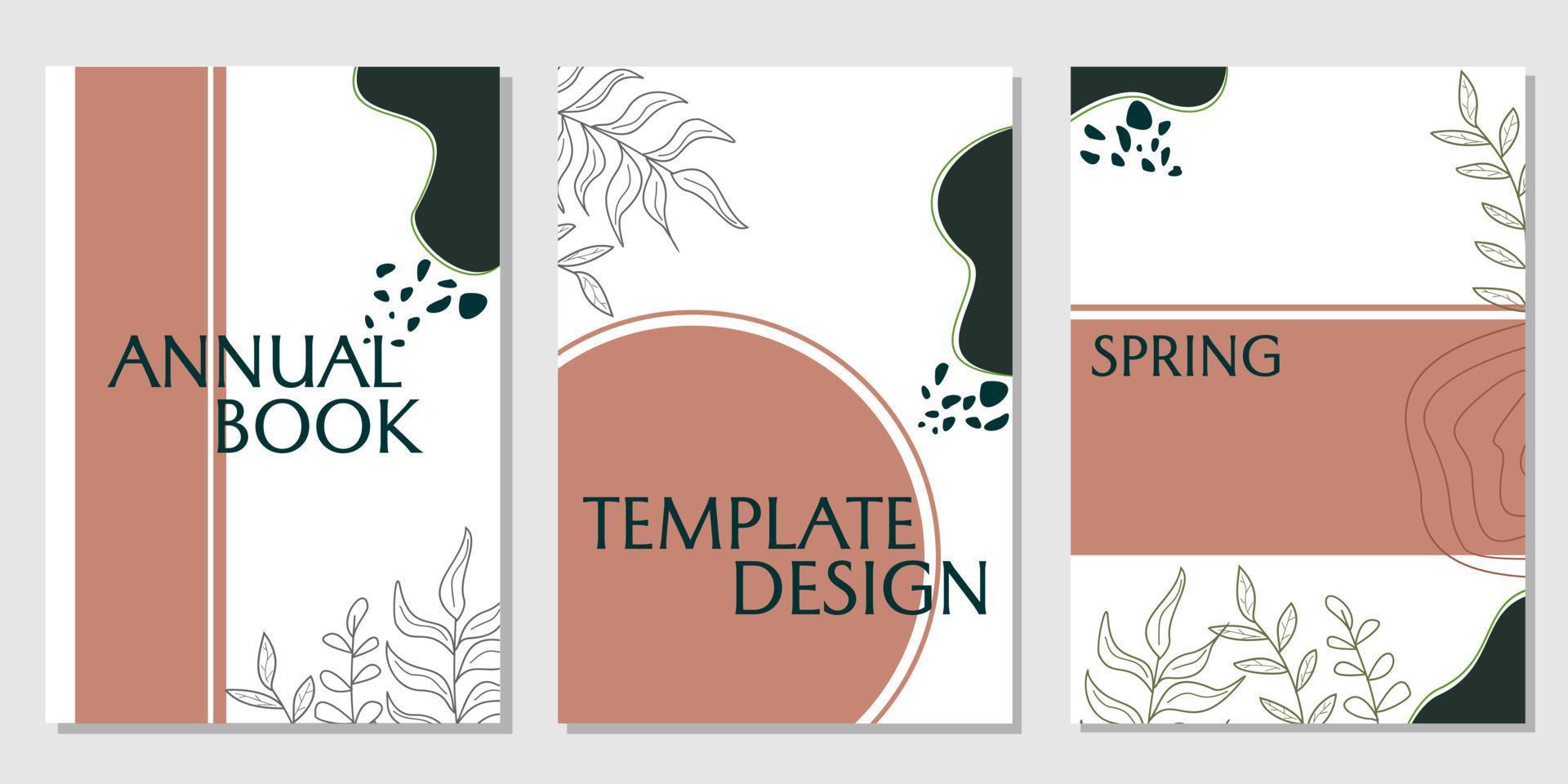 set van abstracte bloemen vector covers. jaarlijkse boeksjabloon met handgetekende bladeren en achtergrond voor catalogus, website, boek, stof