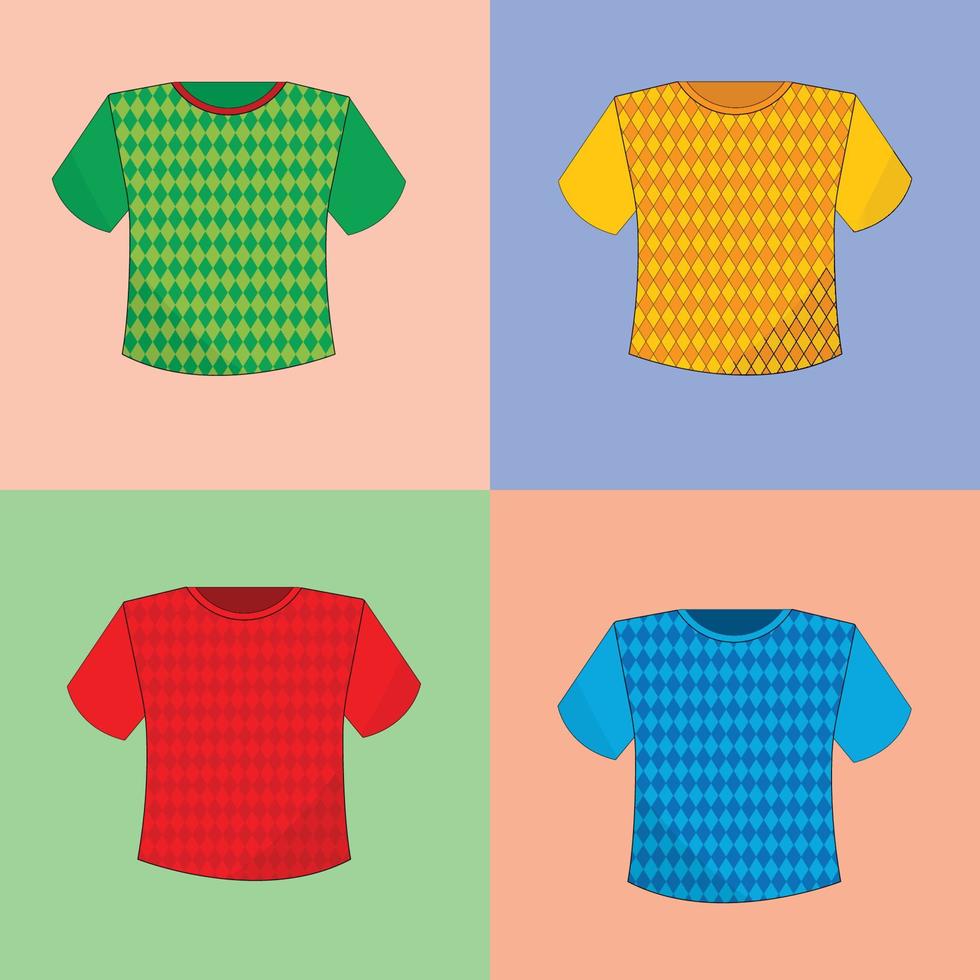 set veelkleurige t-shirts met een patroon van ruiten op een gekleurde achtergrond vector