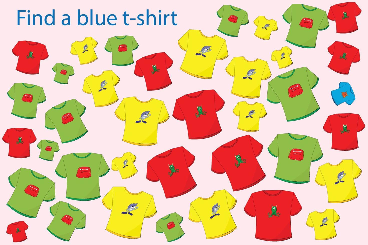 vind het blauwe t-shirt tussen de anderen. voorschoolse werkblad, werkblad voor kinderen, afdrukbaar werkblad vector