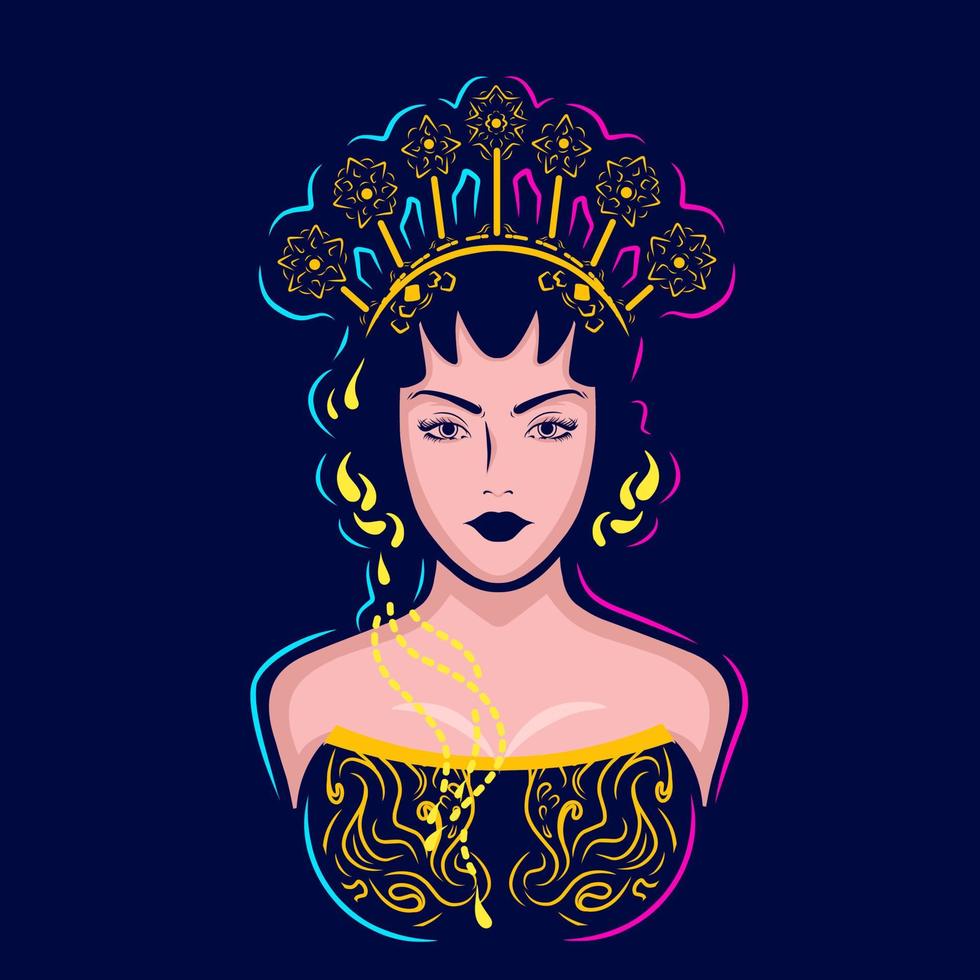 java kostuum mensen vrouw batik kunst logo. kleurrijk indonesisch traditioneel aziatisch etnisch trouwjurkontwerp. geïsoleerde vector donkere achtergrond illustratie.