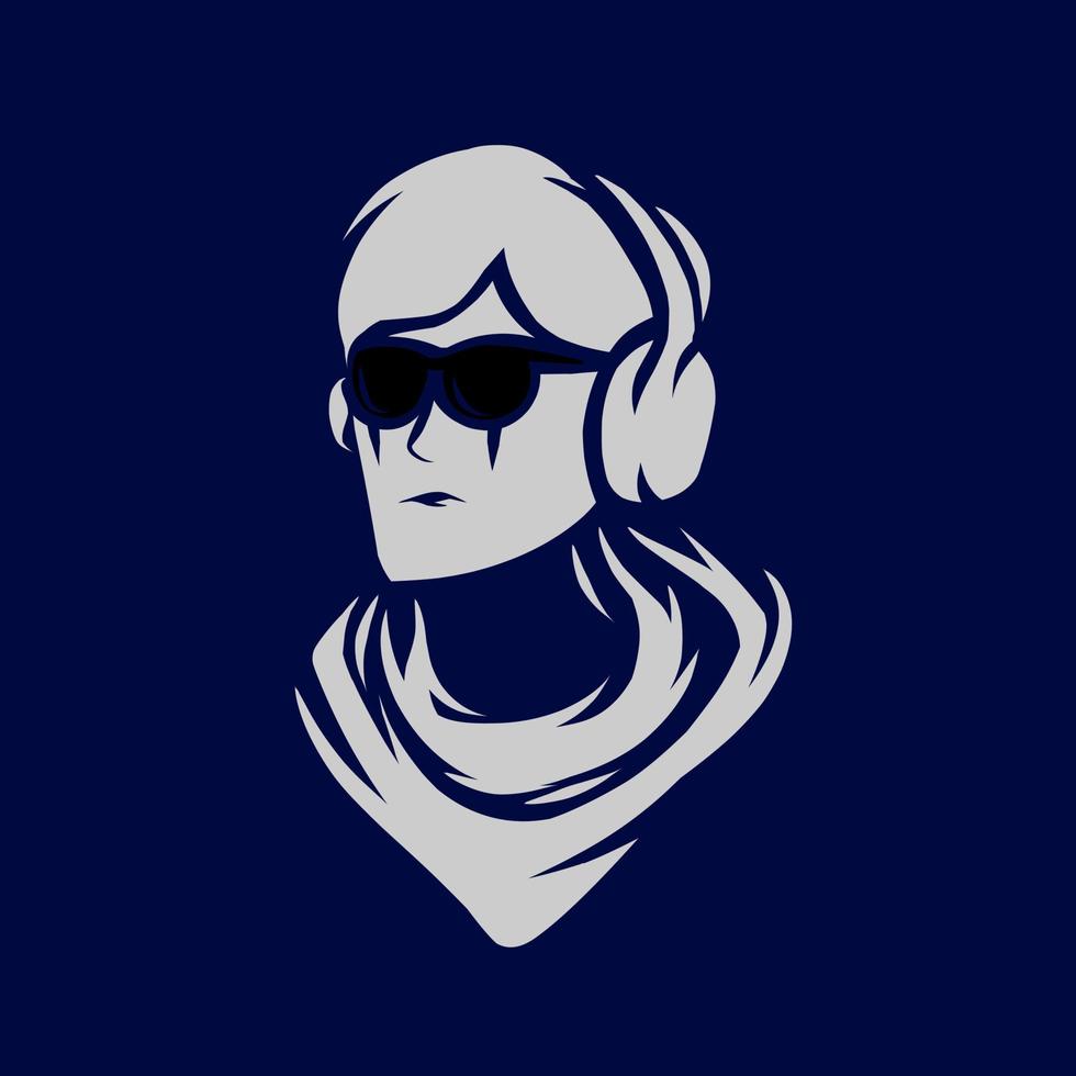 muziek man gamer lijn popart potrait kleurrijke embleemontwerp met donkere achtergrond. abstracte vectorillustratie. geïsoleerde zwarte achtergrond voor t-shirt, poster, kleding, merch, kleding, badgeontwerp vector