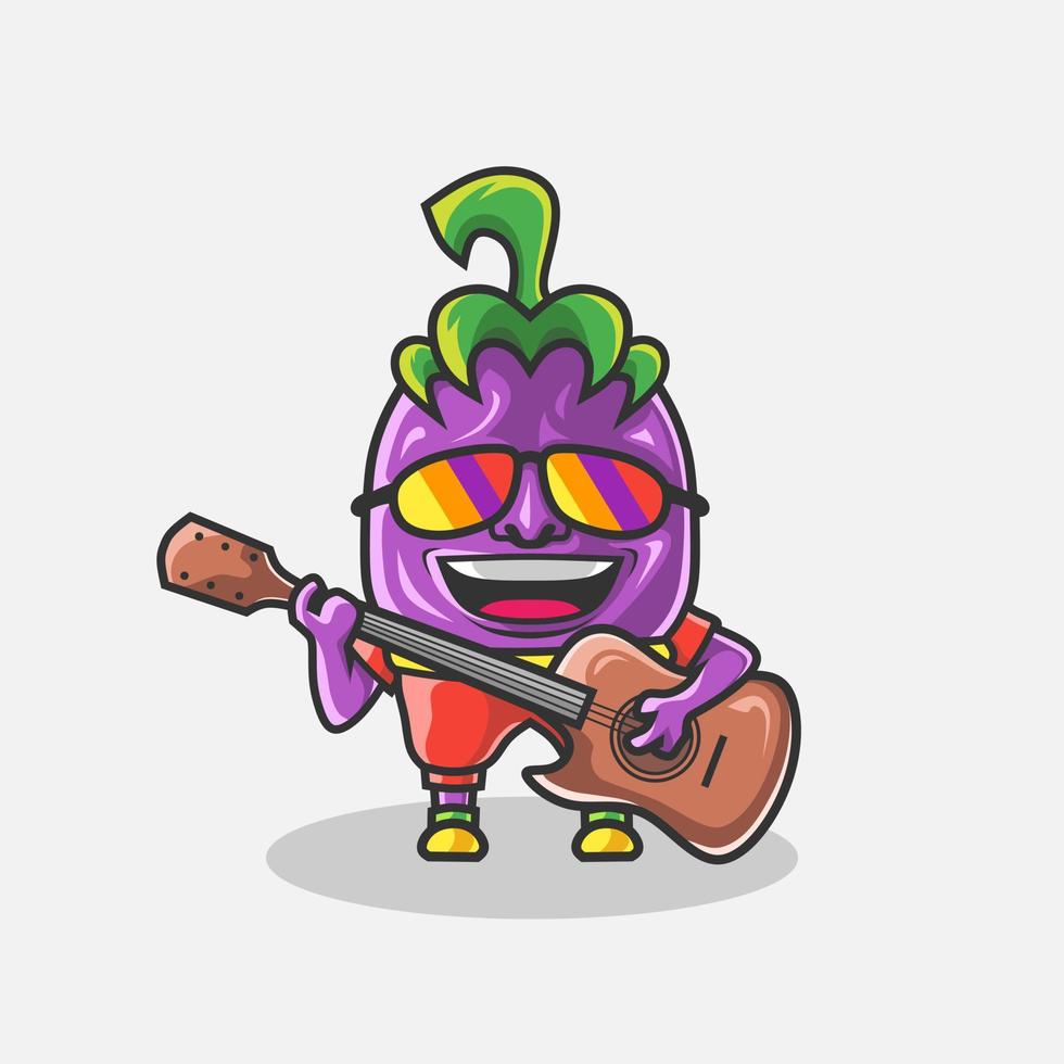 schattige gitarist aubergine karakter illustratie. eenvoudig plantaardig vectorontwerp. geïsoleerd met zachte achtergrond. vector