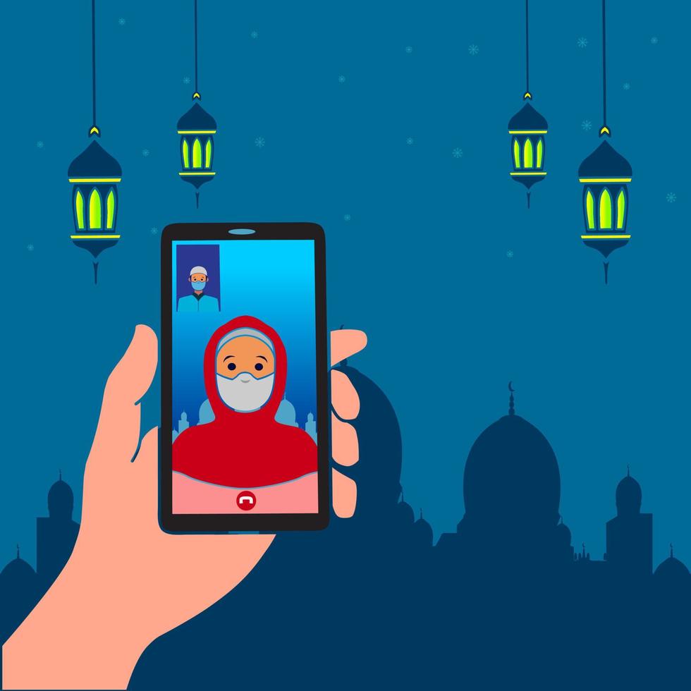 gelukkige eid mubarak-wenskaart. vectorillustratie van een moslimvolk dat een videogesprek voert. paar zegen eid mubarak via smartphoneschermen en blijf verbonden tijdens covid-19 pandemie. vector