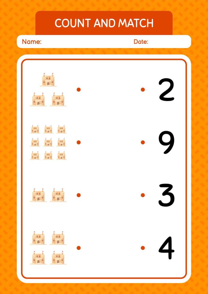 tel en match spel met zandpaleis. werkblad voor kleuters, activiteitenblad voor kinderen vector