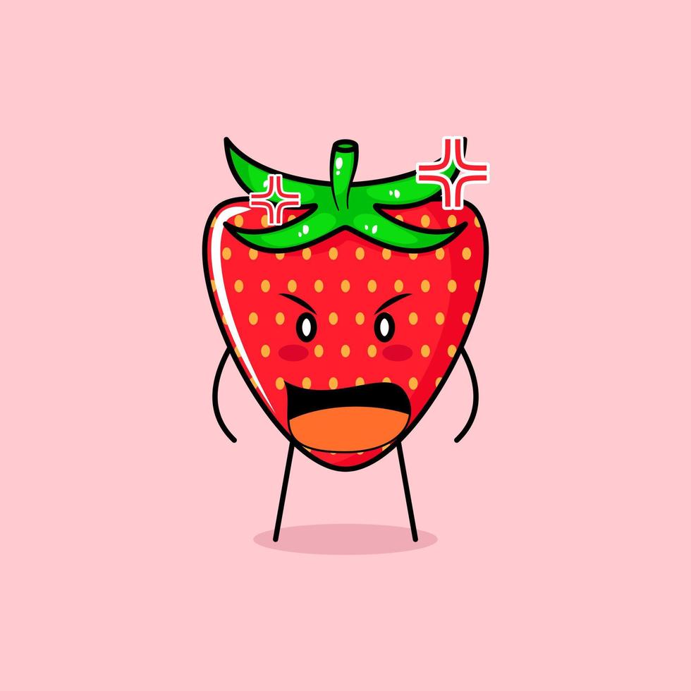 schattig aardbeikarakter met boze uitdrukking. mond wijd open. groen en rood. geschikt voor emoticon, logo, mascotte vector