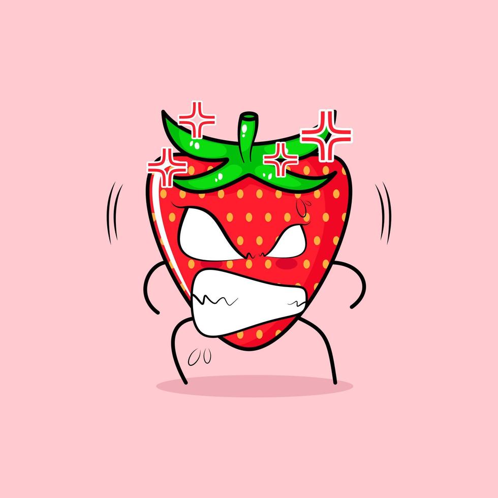 schattig aardbeikarakter met boze uitdrukking. ogen uitpuilend en grijnzend. geschikt voor emoticon, logo, mascotte en sticker. groen en rood vector