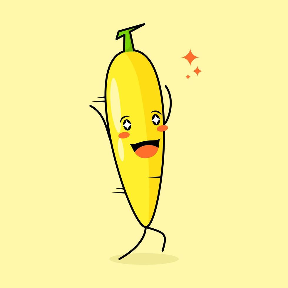 schattig bananenkarakter met glimlach en gelukkige uitdrukking, rennen, twee handen omhoog en sprankelende ogen. groen en geel. geschikt voor emoticon, logo, mascotte en icoon vector