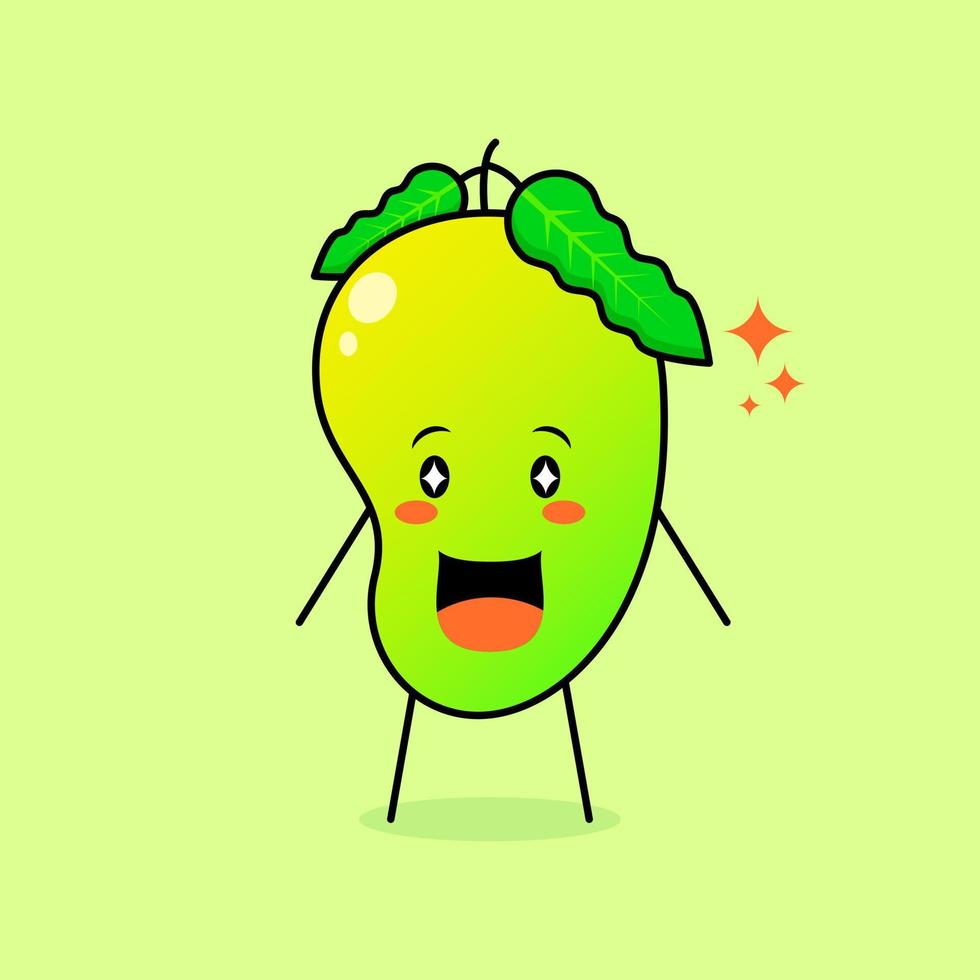 schattig mangokarakter met een glimlach en een gelukkige uitdrukking, open mond en sprankelende ogen. groen en oranje. geschikt voor emoticon, logo, mascotte en icoon vector