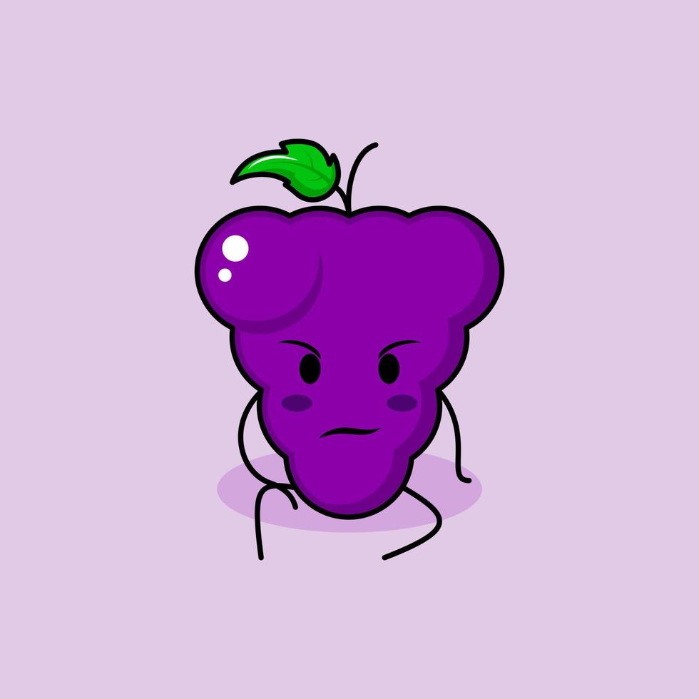 schattig druivenkarakter met intimidatie-uitdrukking en ga zitten. groen en paars. geschikt voor emoticon, logo, mascotte vector