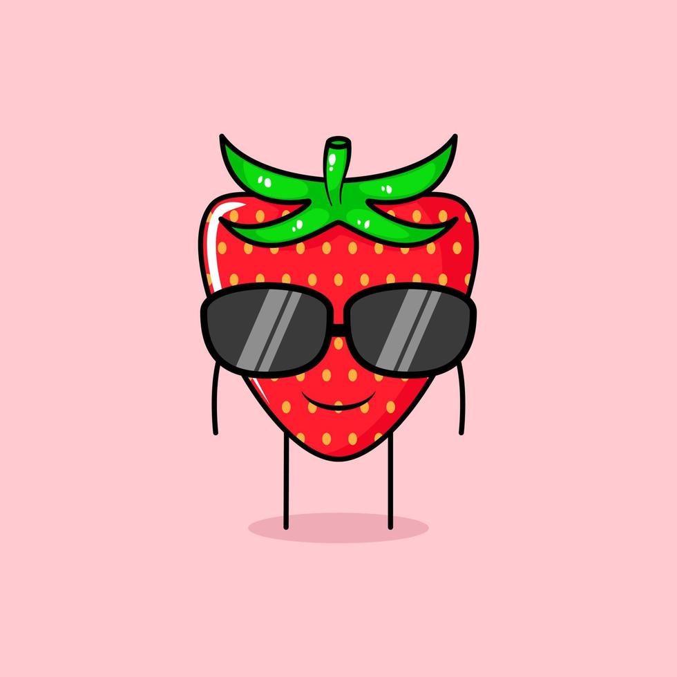 schattig aardbeikarakter met glimlachuitdrukking en zwarte bril. groen en rood. geschikt voor emoticon, logo, mascotte of sticker vector