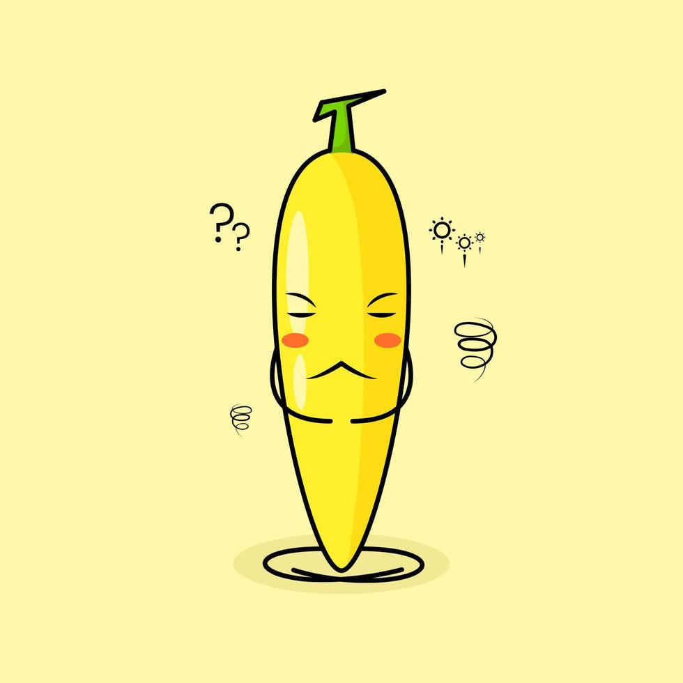 schattig bananenkarakter met denkende uitdrukking, sluit de ogen en zit met gekruiste benen. groen en geel. geschikt voor emoticon, logo, mascotte vector