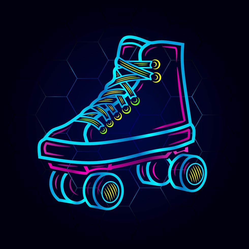 rollende skate neon kunst logo. inline skater kleurrijk ontwerp met donkere achtergrond. sportschoenen vectorillustratie. geïsoleerde zwarte achtergrond voor t-shirt, poster, kleding, merch, kleding. vector