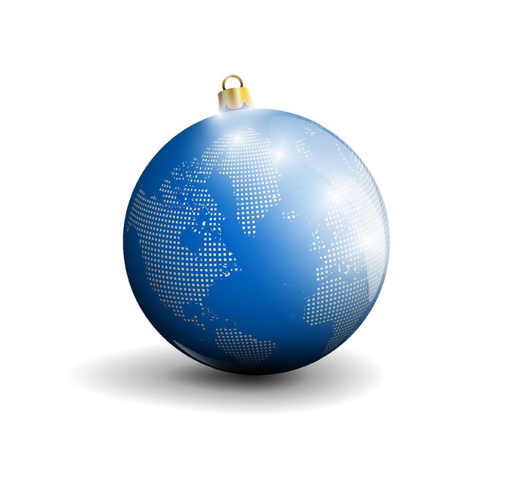 kerstbal, nieuwjaarsdecoratie met een ornament van continenten van de aarde. vrolijk kerstfeest. nieuwjaarsviering. realistische vector op witte achtergrond