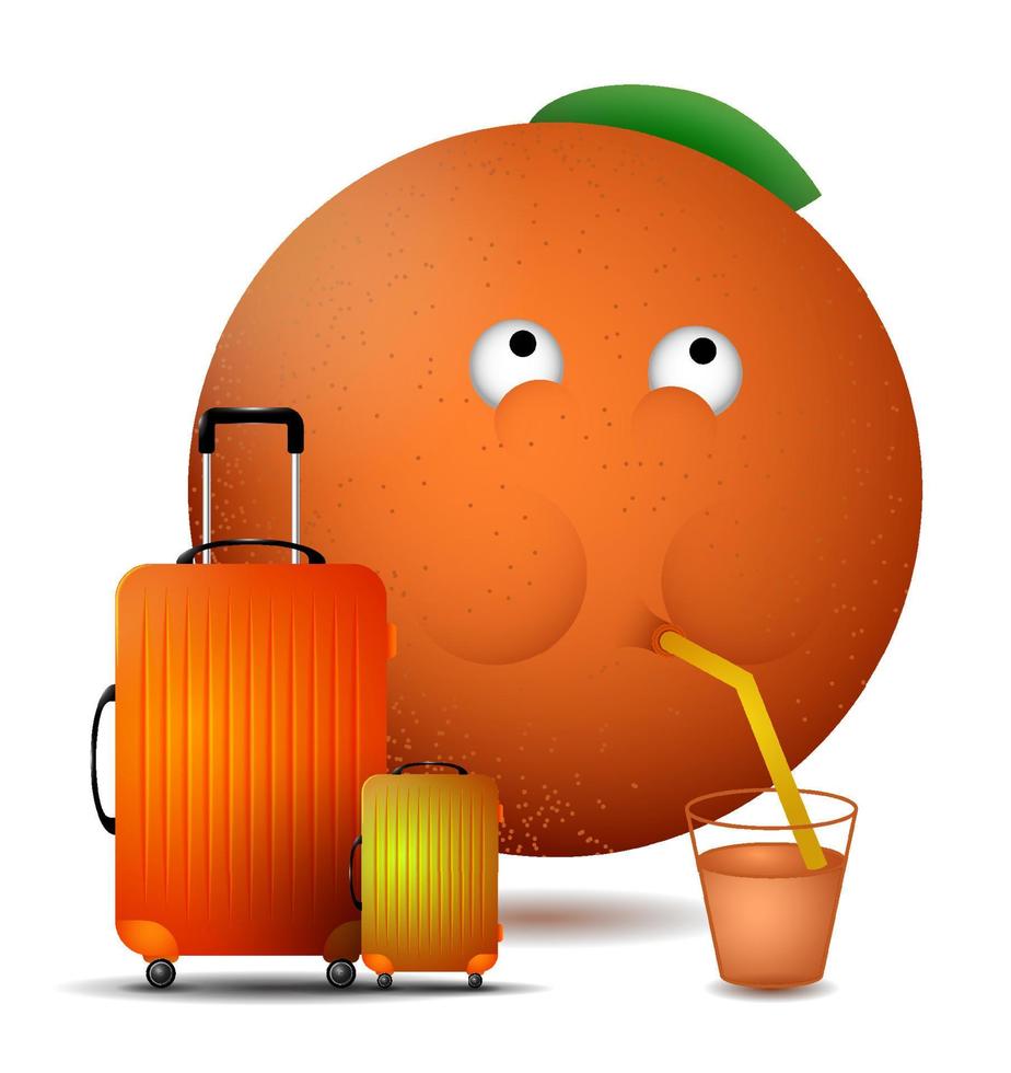 gelooide sinaasappel die op het vliegveld op een vliegtuig wacht en sinaasappelsap drinkt met een rietje uit glas. zomervakantie op zee. vector in cartoonstijl