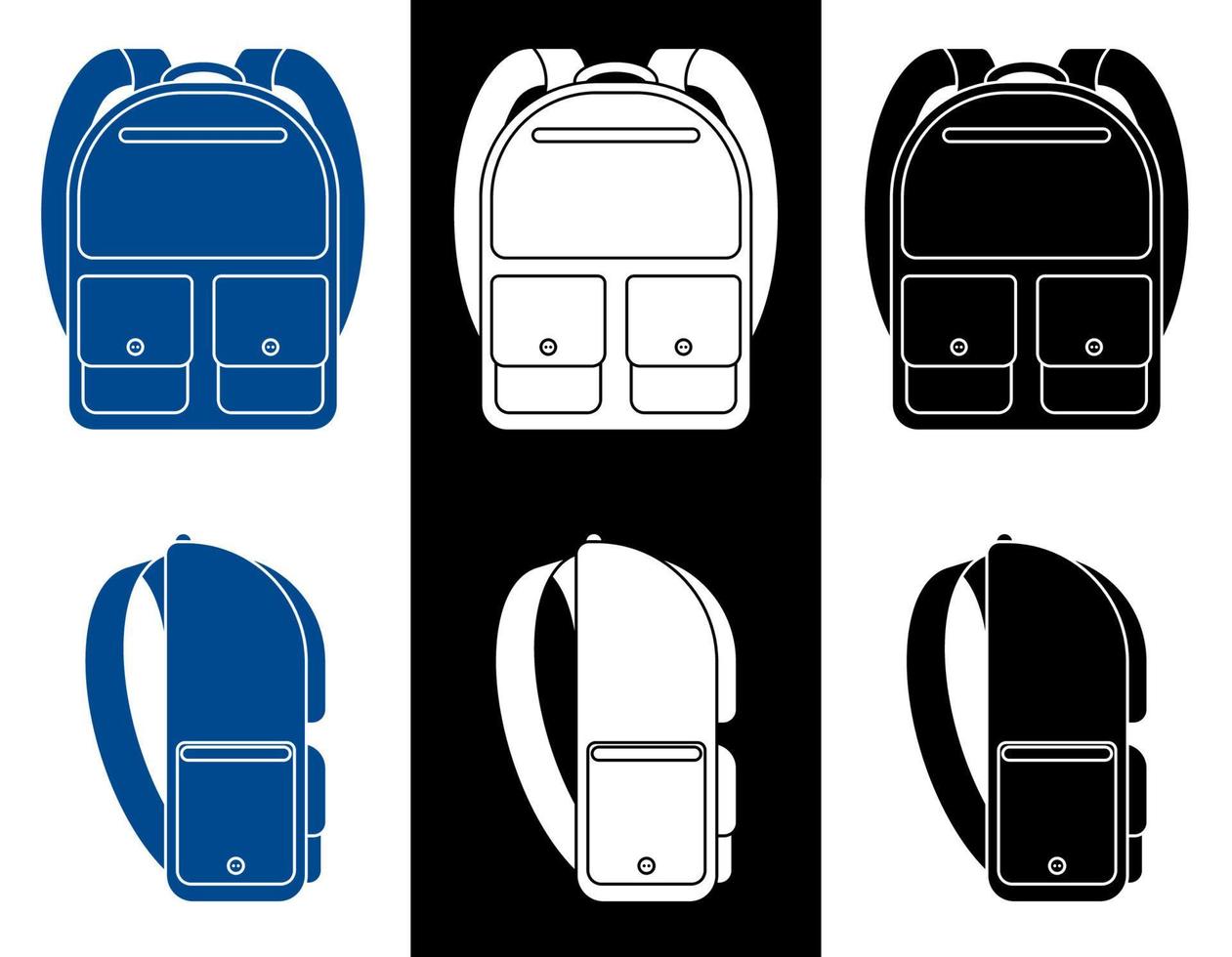 schooltas pictogrammen. zij- en vooraanzicht. 1 september het begin van het schooljaar op school. student accessoires vector op een witte achtergrond