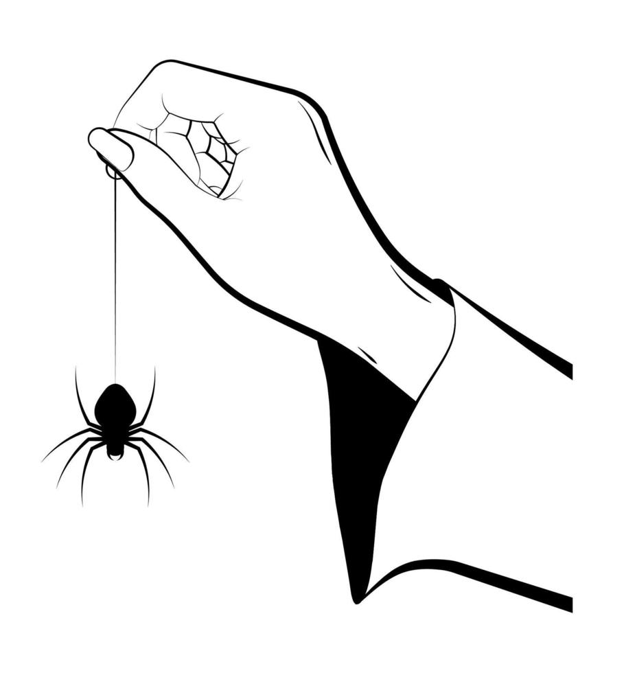vrouwelijke hand van tovenares houdt een enorme spin op het web. viering van halloween in fancy dress. magie en hekserij, rituelen. zwart-wit vector