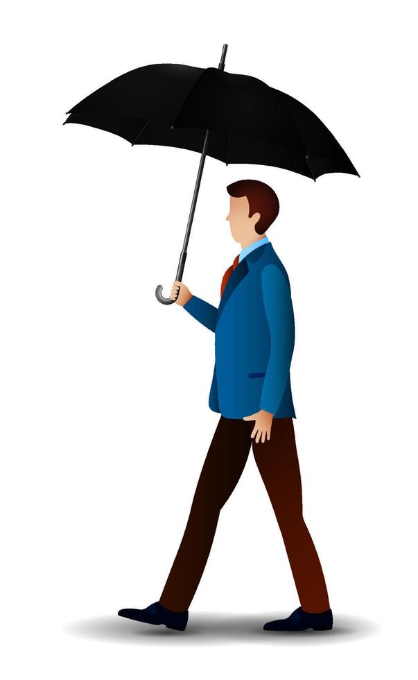 man in klassieke kleding loopt onder een paraplu. gezondheidsbescherming bij slecht regenachtig weer. vector in cartoonstijl