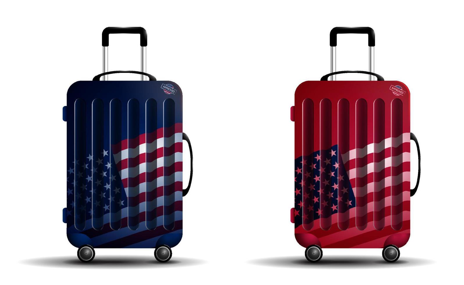 kleur reistas met elementen van de Amerikaanse vlag. koffer voor bagage op wielen. vervoer van dingen in vervoer terwijl u op vakantie bent. realistische vector