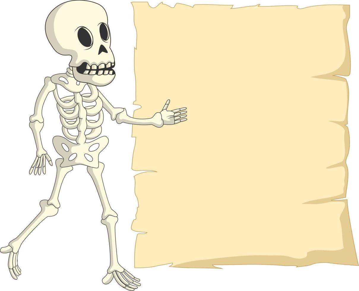 cartoon grappig menselijk skelet met leeg teken vector