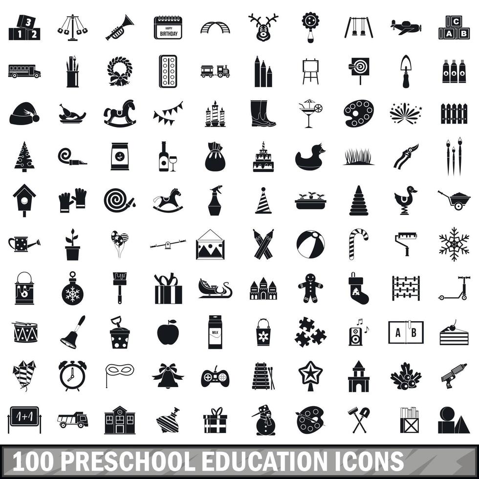 100 voorschoolse onderwijs iconen set, eenvoudige stijl vector