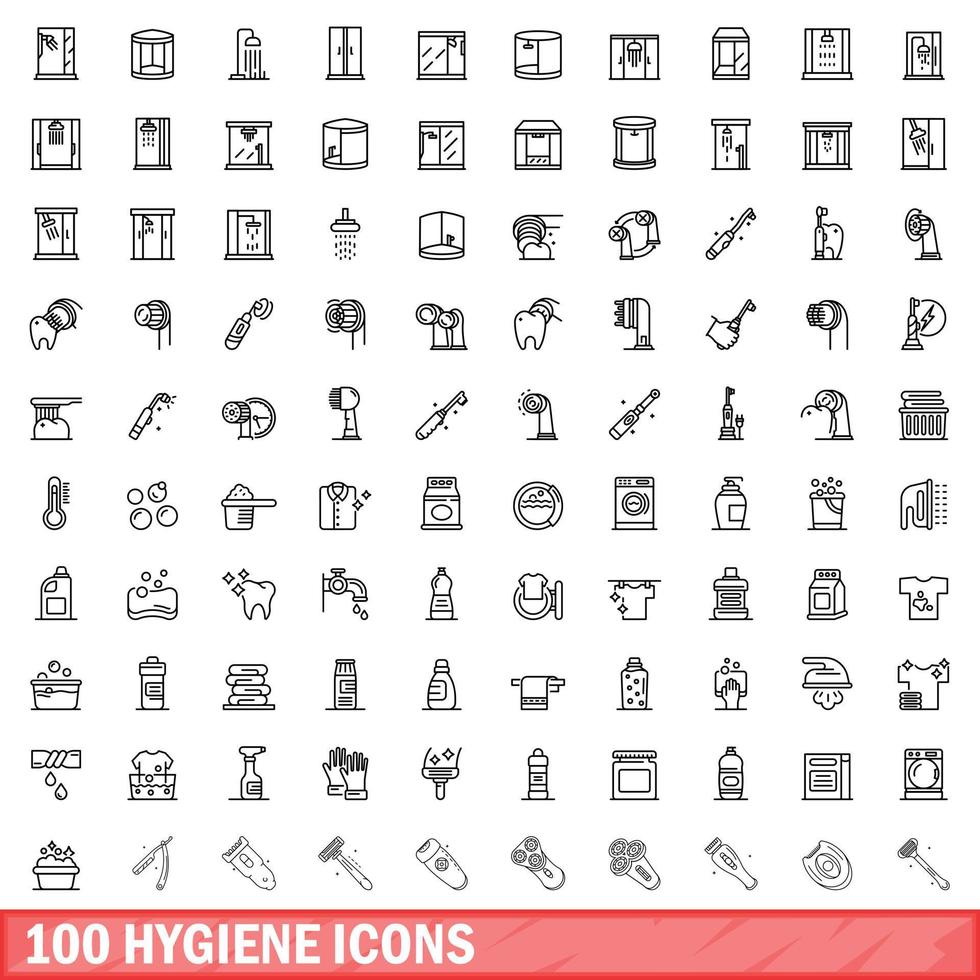 100 hygiëne iconen set, Kaderstijl vector