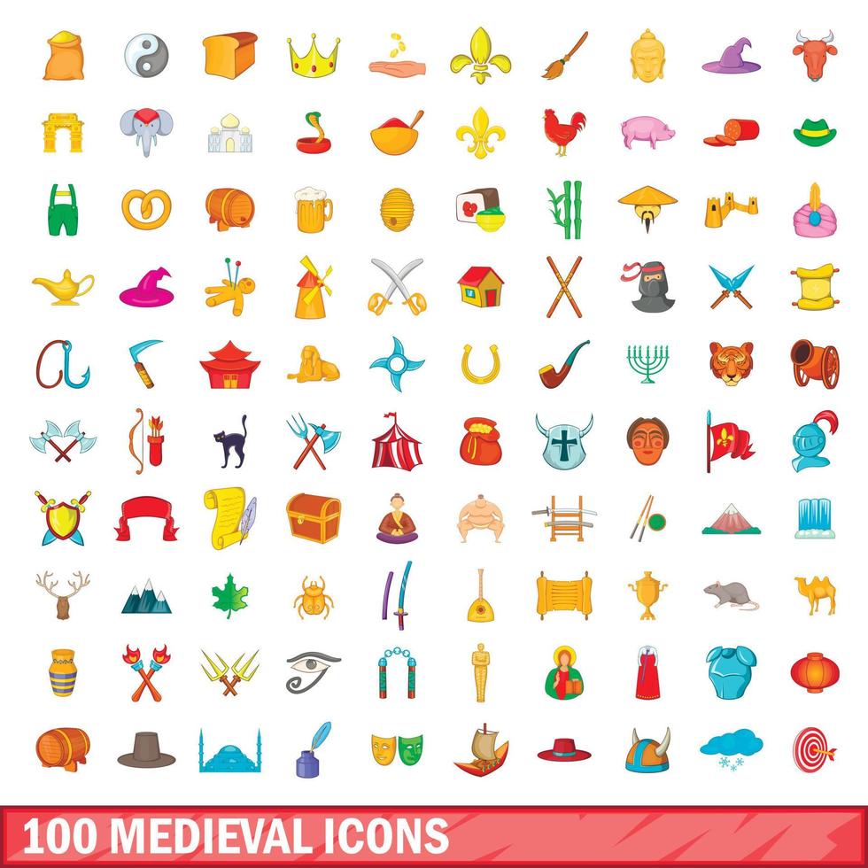 100 middeleeuwse iconen set, cartoon stijl vector