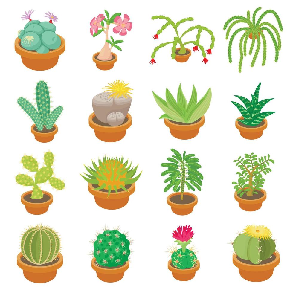 groene cactussen iconen set, cartoon stijl vector