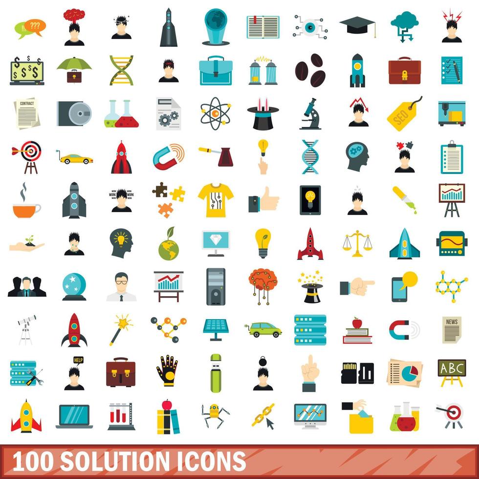 100 oplossing iconen set, vlakke stijl vector