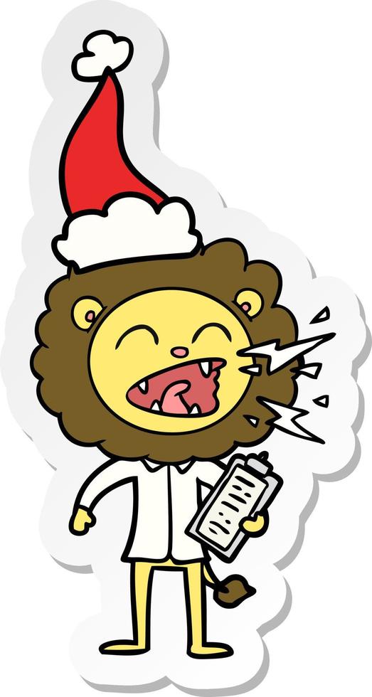 sticker cartoon van een brullende leeuw dokter met een kerstmuts vector